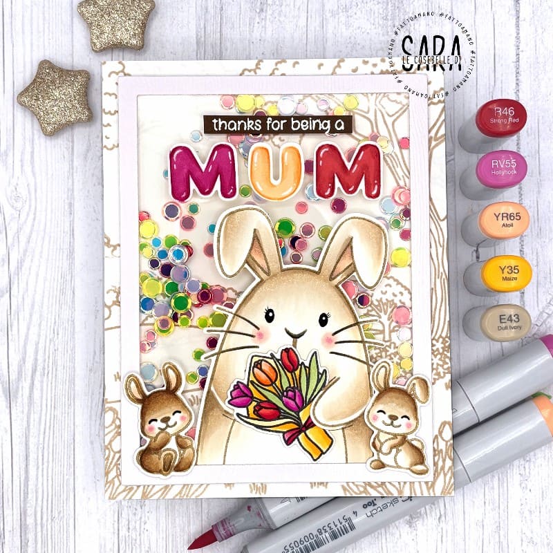 Sunny Studio Bunny Mother's Day Mum Shaker Card by Sara Zoppi using Majestic Meadow 6x6 Clear Background Scene Craft Stamps