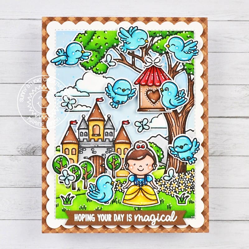 Sunny Studio Snow White with Birds & Castle Magical Day Card using Majestic Meadow 6x6 Background Backdrop Clear Craft Stamps