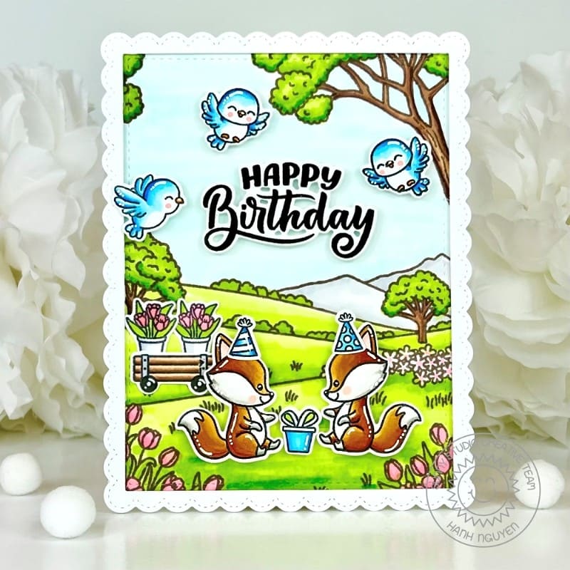 Sunny Studio Fox & Bird Picnic in a Meadow Spring Birthday Card using Foxy Friends 4x6 Clear Photopolymer Craft Stamps