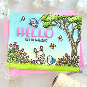 Sunny Studio You're the Tweetest Bunny & Birds Outdoors Punny Spring Hello Card using Majestic Meadow 6x6 Clear Craft Stamps
