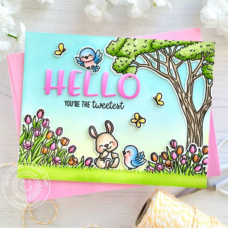 Sunny Studio You're the Tweetest Bunny & Birds Outdoors Punny Spring Hello Card using Majestic Meadow 6x6 Clear Craft Stamps