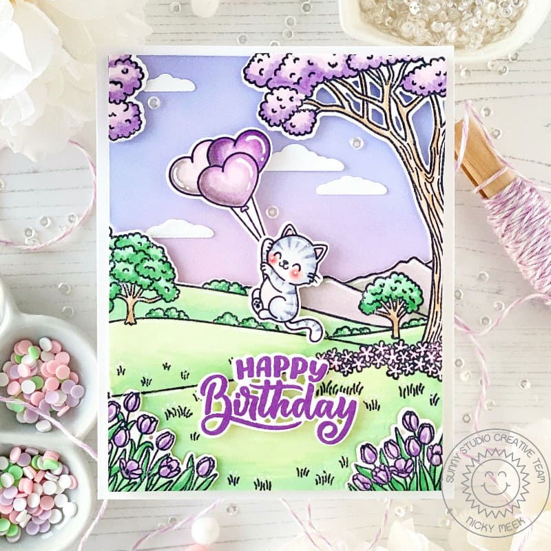 Sunny Studio Cat Floating Outdoors with Lilac Heart Balloons Spring Birthday Card using Majestic Meadow 6x6 Clear Craft Stamp