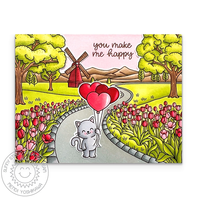 Sunny Studio Cat Holding Heart Balloons with Red Windmill Valentine's Day Card using Tulip Path Background 6x6 Clear Stamps