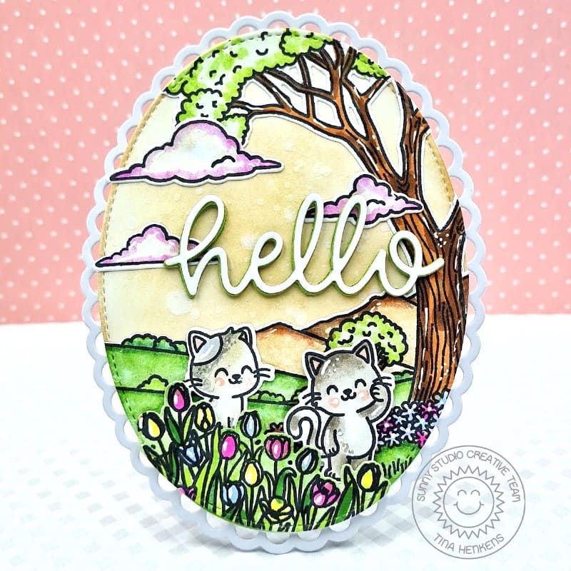 Sunny Studio Cats in Tulip Field with Tree Scalloped Oval Hello Card using Majestic Meadow 6x6 Background Clear Craft Stamps