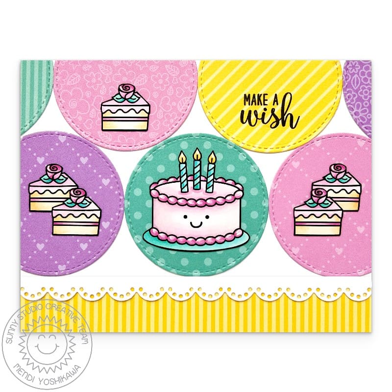 Sunny Studio Pink Frosting Cake & Cake Slices Scalloped Patchwork Circle Birthday Card using Make a Wish Clear Craft Stamps