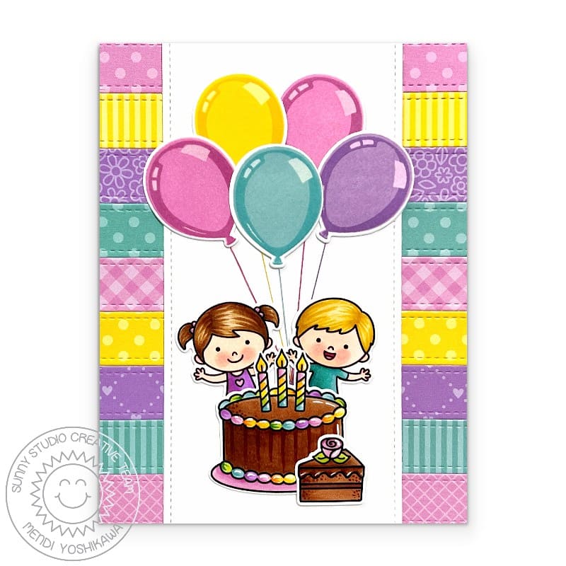Sunny Studio Kids with Chocolate Cake Colorful Patchwork Striped Card using Birthday Balloon 3x4 Clear Layering Craft Stamps