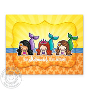Sunny Studio 3 Mermaids Lying On Beach You Mermaid To Be Awesome Punny Summer Card using Mermaid Kisses Clear Craft Stamps