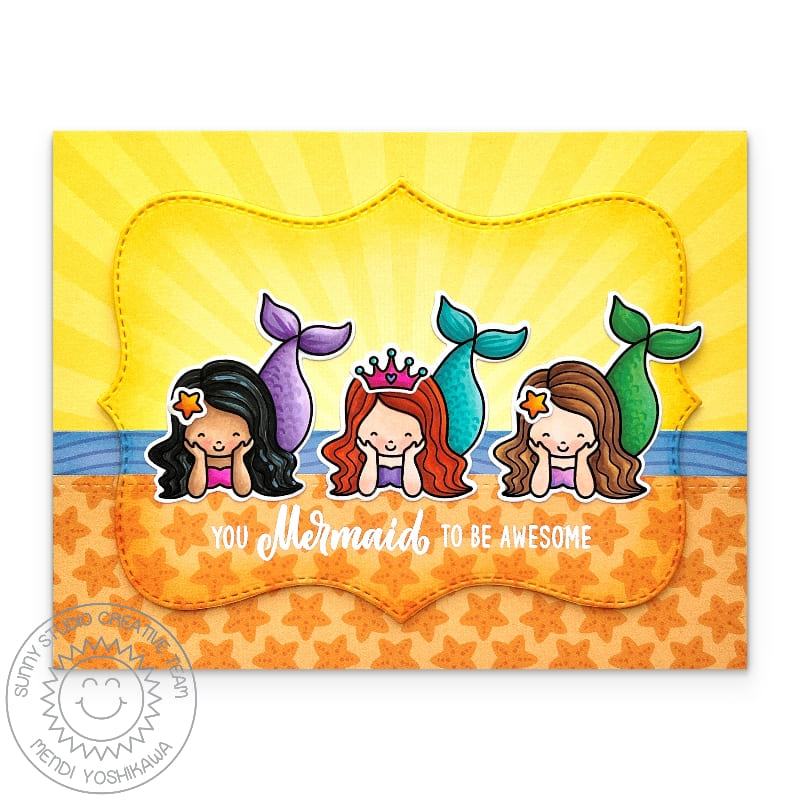 Sunny Studio Stamps Mermaids On Beach You Mermaid To Be Awesome Punny Summer Card using Limitless Labels 1 Metal Craft Dies