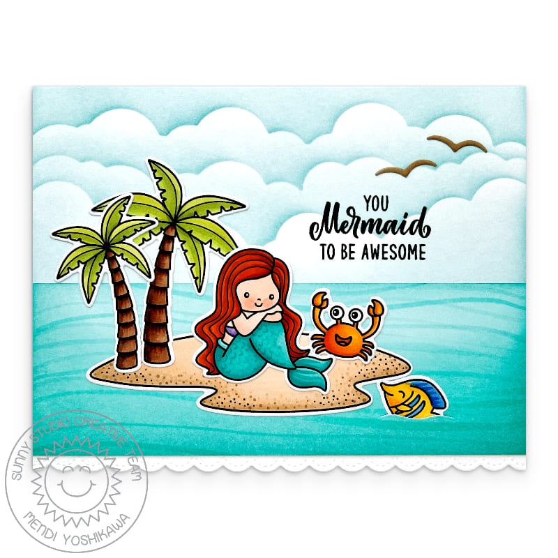 Sunny Studio Little Mermaid, Crab & Fish on Tropical Island Punny Summer Card using Mermaid Kisses 4x6 Clear Craft Stamps