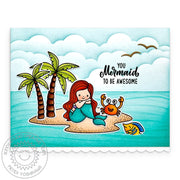 Sunny Studio Little Mermaid, Crab & Fish on Tropical Island Punny Summer Card using Tropical Scenes 4x6 Clear Craft Stamps