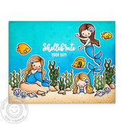 Sunny Studio Mermaids & Fish Swimming in Ocean Shellebrate Your Day Punny Summer Card using Mermaid Kisses Clear Craft Stamps