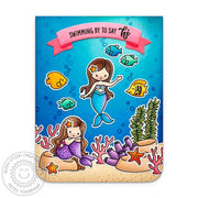 Sunny Studio Mermaids, Fish & Coral in Ocean Swimming By To Say Hi Summer Card using Mermaid Kisses 4x6 Clear Craft Stamps
