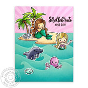Sunny Studio Stamps Mermaids in Ocean with Island Palm Tree & Dolphin Summer Card using Catch a Wave Metal Cutting Craft Dies
