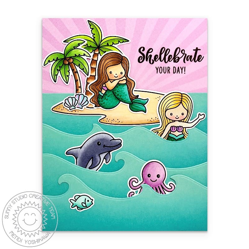 Sunny Studio Stamps Mermaids in Ocean with Island Palm Tree & Dolphin Summer Card using Catch a Wave Metal Cutting Craft Dies