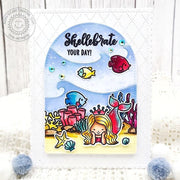 Sunny Studio Stamps Shellebrate Your Day Mermaid & Fish Ocean Summer Card using Dotted Diamond Portrait Background Craft Die