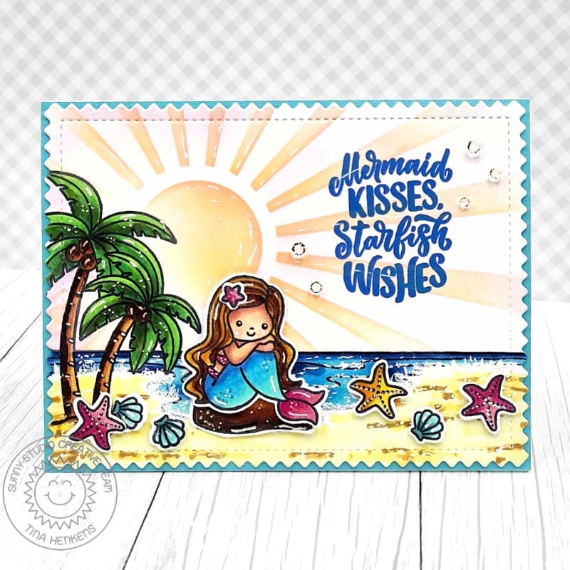 Sunny Studio Mermaid Sitting on the Beach with Starfish & Palm Trees Summer Card using Mermaid Kisses 4x6 Clear Craft Stamps