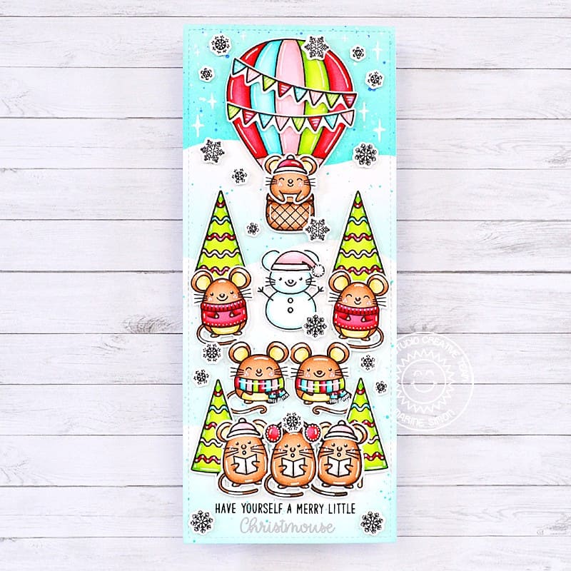 Sunny Studio Caroling Mouse & Snowman with Hot Air Balloon Slimline Holiday Christmas Card using Merry Mice 4x6 Clear Stamps