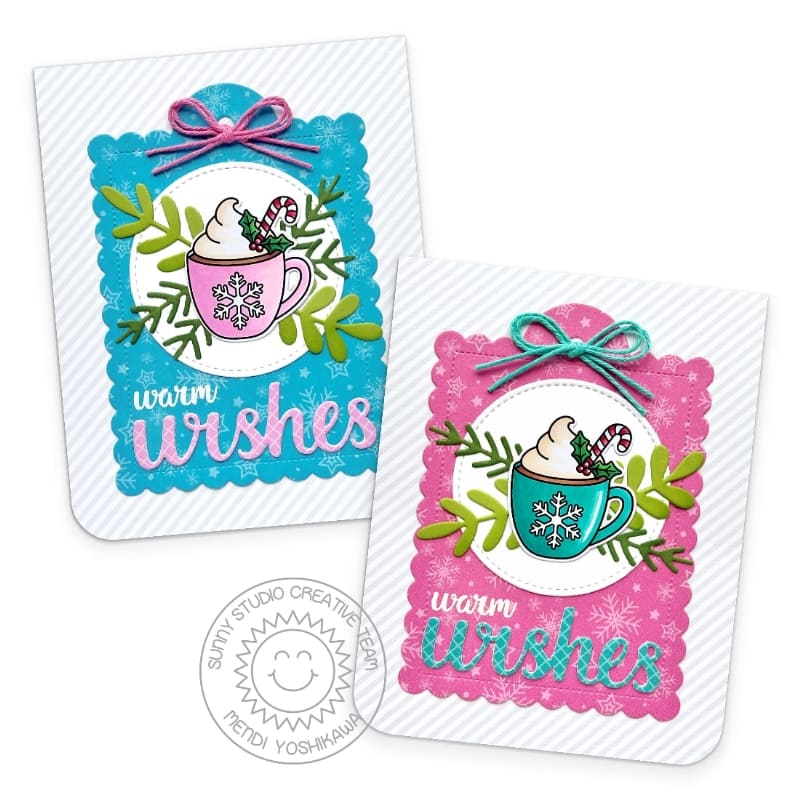 Sunny Studio Pink & Blue Scalloped Tag with Hot Cocoa Holiday Christmas Card Set using Merry Mocha 2x3 Clear Stamps