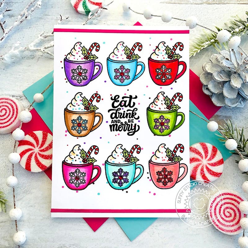 Sunny Studio Eat, Drink & Be Merry Rainbow Snowflake Mugs in Grid Pattern Christmas Card using Merry Mocha 2x3 Clear Stamps