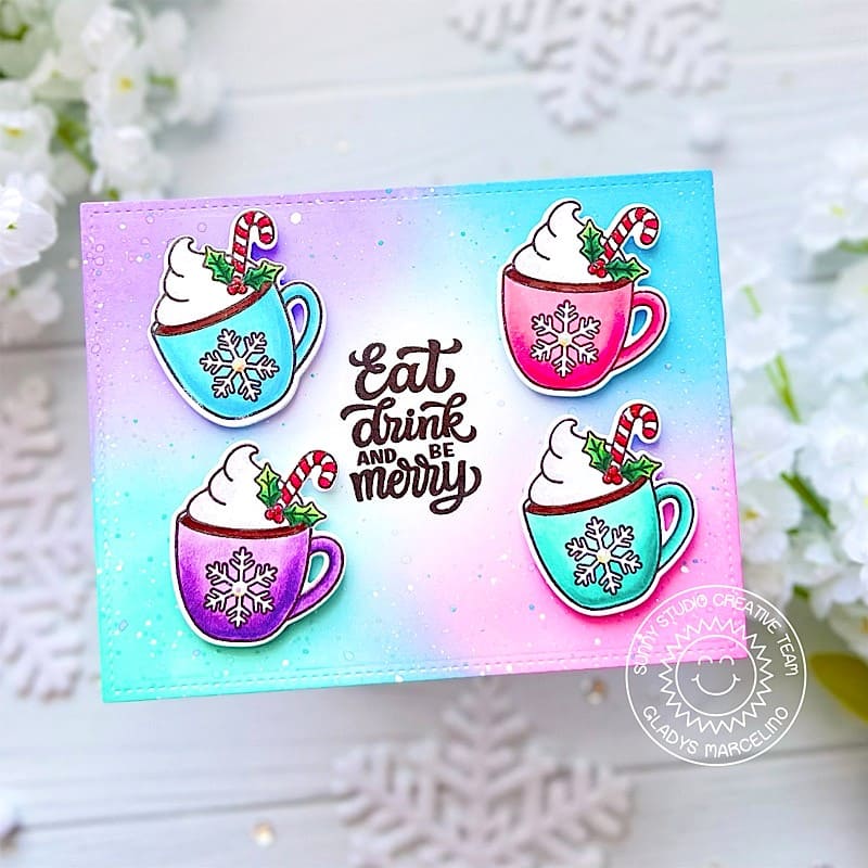 Sunny Studio Eat, Drink & Be Merry Turquoise, Pink & Purple Snowflake Mugs Christmas Card using Merry Mocha 2x3 Clear Stamps