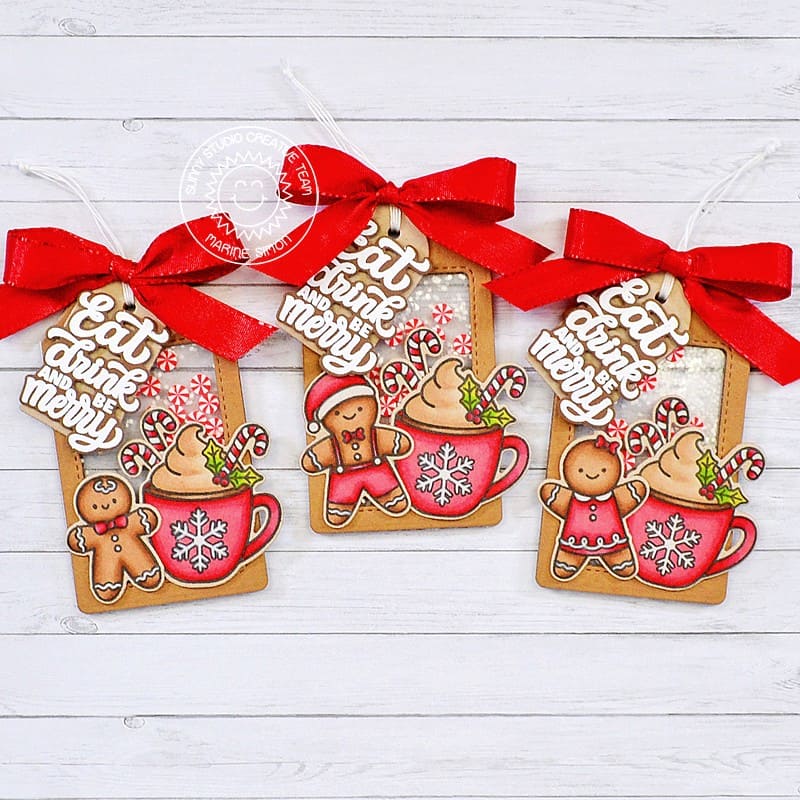 Sunny Studio Eat, Drink & Be Merry Hot Cocoa Mug & Gingerbread Man Holiday Shaker Gift Tags using Merry Mocha Clear Stamps