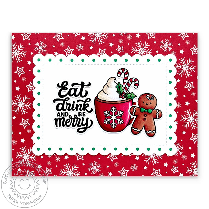 Sunny Studio Eat, Drink & Be Merry Hot Cocoa & Gingerbread Man Red Holiday Christmas Card using Merry Mocha 2x3 Clear Stamps