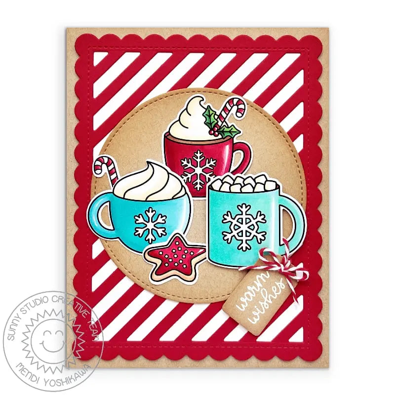 Sunny Studio Hot Chocolate Cocoa Red Candy Cane Striped Holiday Christmas Card using Mugs Hugs 4x6 Clear Photopolymer Stamps