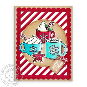 Sunny Studio Stamps Hot Cocoa Red Candy Striped Holiday Christmas Card using Frilly Frames Stripes Scalloped Mat Cutting Die