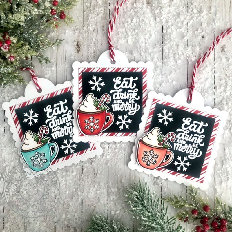 Sunny Studio Candy Cane Striped Black Chalkboard Snowflake Mug Christmas Holiday Gift Tags using Merry Mocha 2x3 Clear Stamps