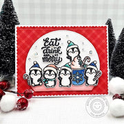 Sunny Studio Eat, Drink & Be Merry Penguins with Snowflake Mug Red Christmas Holiday Card using Merry Mocha 2x3 Clear Stamps