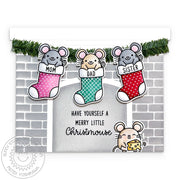 Sunny Studio Mouse in Christmas Stocking Hanging from Fireplace Shaped Holiday Card using Merry Mice 4x6 Clear Craft Stamps