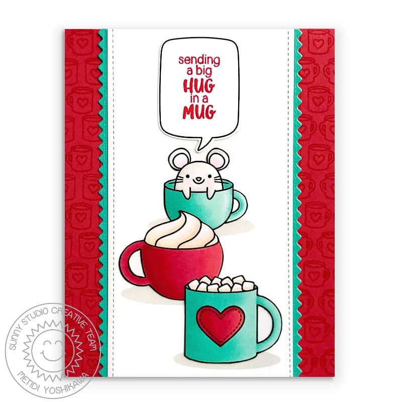 Sunny Studio Sending A Big Hug In A Mug Mouse in Hot Cocoa Cup Holiday Card (using Merry Mice 4x6 Clear Stamps)