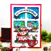 Sunny Studio Santa Claus & Reindeer Peeking In Window at Christmas Cake Holiday Card using Merry Mocha Clear Craft Stamps