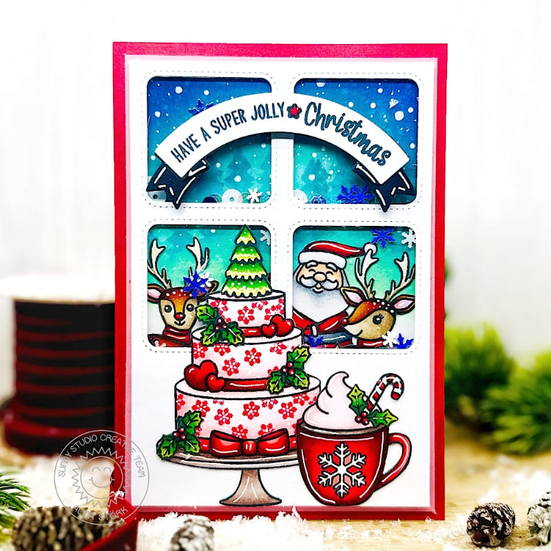 Sunny Studio Santa Claus & Reindeer Peeking In Window at Christmas Cake Holiday Card using Merry Mocha Clear Craft Stamps