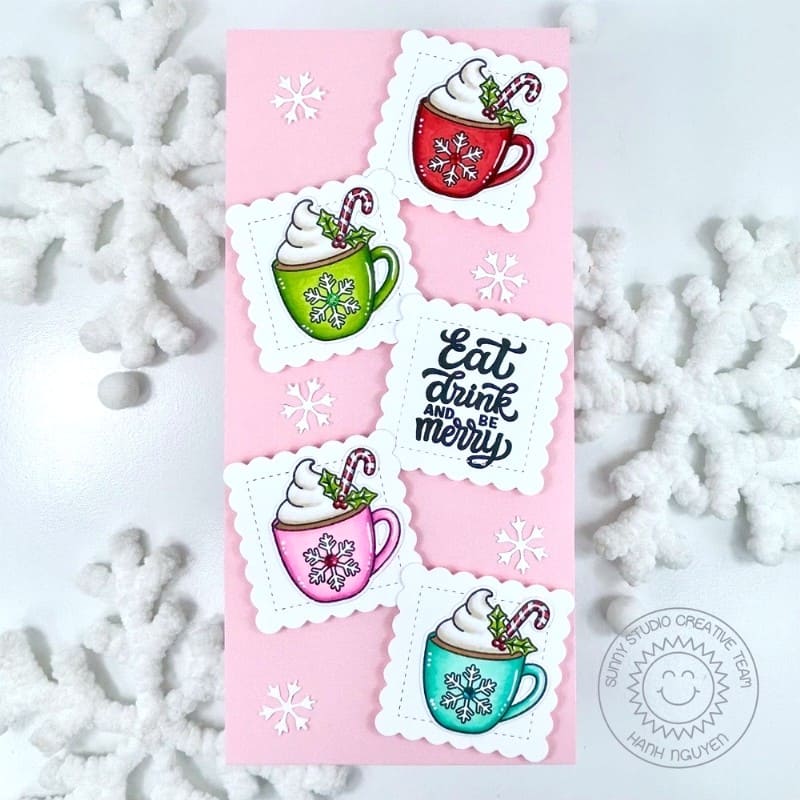 Sunny Studio Eat, Drink, & Be Merry Hot Cocoa Slimline Winter Holiday Christmas Card using Merry Mocha Clear Craft Stamps