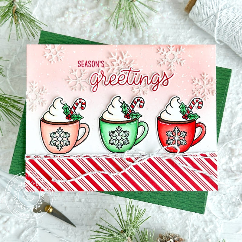 Sunny Studio Hot Cocoa Coffee Candy Cane Striped Seasons Greetings Holiday Christmas Card using Merry Mocha Clear Craft Stamp