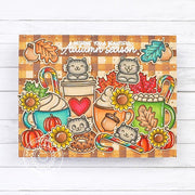 Sunny Studio Cats with Fall Leaves, Hot Cocoa & Coffee Cups Plaid Autumn Season Card using Merry Mocha Clear Craft Stamps