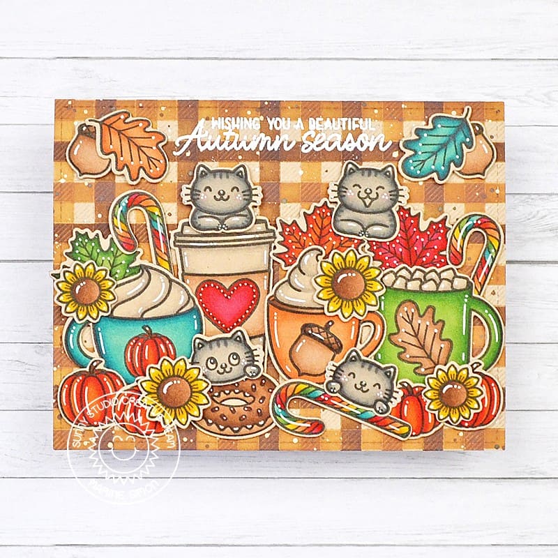 Sunny Studio Cats with Fall Leaves, Hot Cocoa & Coffee Cups Plaid Autumn Season Card using Birthday Cats Clear Craft Stamps