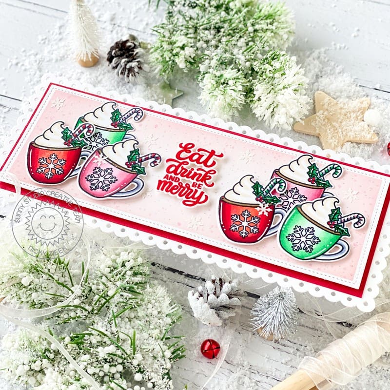 Sunny Studio Hot Cocoa & Coffee Eat, Drink, and Be Merry Slimline Holiday Christmas Card using Merry Mocha Clear Craft Stamps