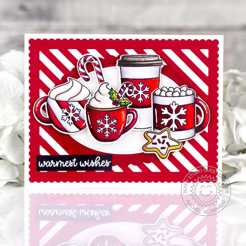 Sunny Studio Hot Cocoa & Coffee Red Candy Cane Striped Warm Wishes Holiday Christmas Card using Mug Hugs Clear Craft Stamps