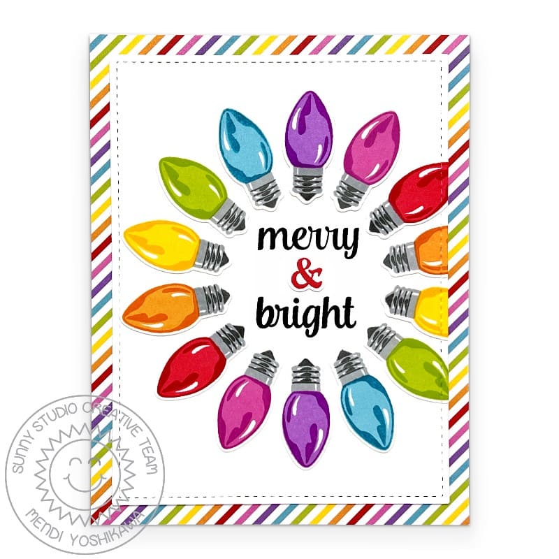 Sunny Studio Merry & Bright Radiating Rainbow Light Bulbs Holiday Christmas Card using Merry Sentiments Clear Craft Stamps