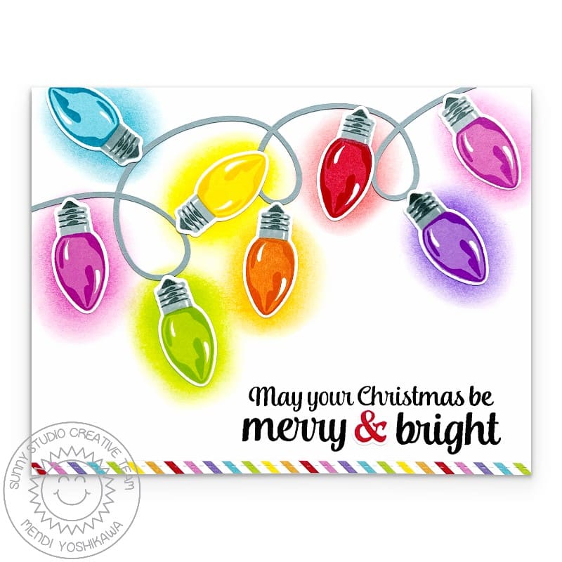 Sunny Studio May Your Season Be Merry & Bright Glowing Light Bulbs Christmas Card using Merry Sentiments Clear Craft Stamps