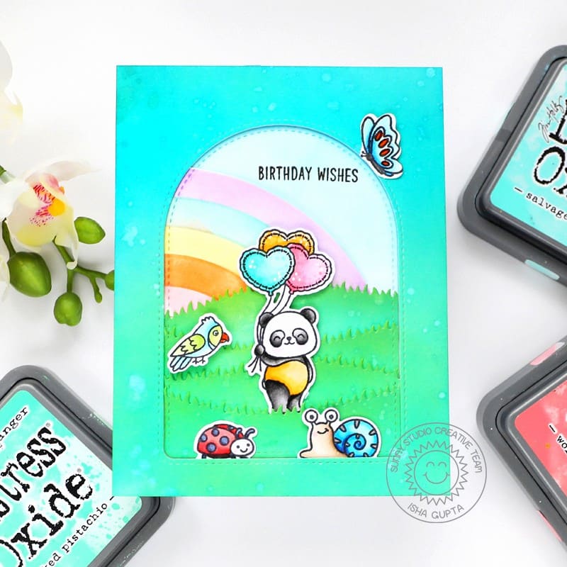 Sunny Studio Panda Bear Holding Heart Balloons with Rainbow Emerald City Grass Card using Bighearted Bears Clear Craft Stamps
