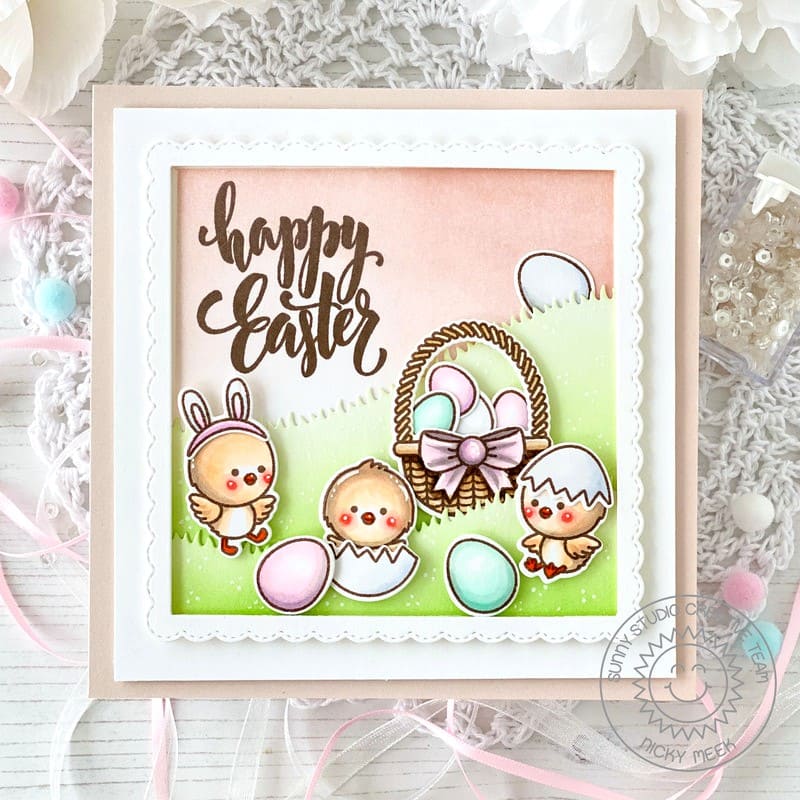 Sunny Studio Chicks with Grassy Hill, Eggs and Basket Square Scalloped Easter Card using Chickie Baby 4x6 Clear Craft Stamps