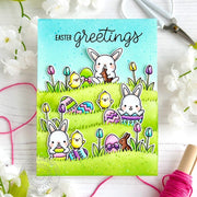 Sunny Studio Stamps Chubby Bunny, Eggs, & Tulips Easter Greetings Handmade Card using Mini Grass Border Metal Craft Dies