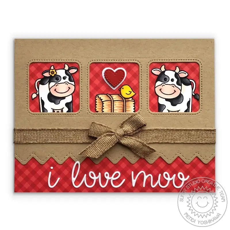 Sunny Studio Red Gingham I Love Moo Punny Valentine's Day Cow Card (using Ric Rac Border Metal Cutting Dies)