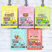Sunny Studio Colorful Cruisin' Cuisine Punny Food Truck Scalloped Gift Tags Set using Big Bold Greetings Clear Craft Stamps