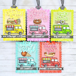 Sunny Studio Colorful Punny Food Truck Scalloped Gift Tags Set using Cruisin' Cuisine 4x6 Clear Craft Stamps