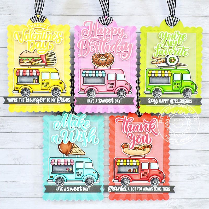 Sunny Studio Stamps Colorful Cruisin' Cuisine Punny Food Truck Scalloped Gift Tags Set using Classic Sunburst 6x6 Paper