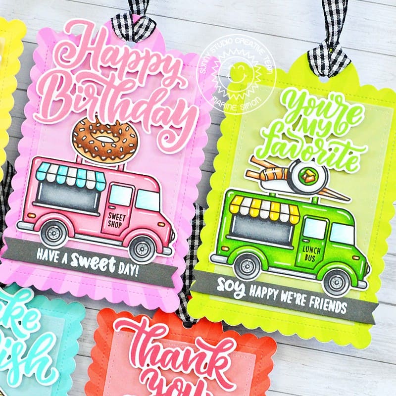 Sunny Studio Colorful Cruisin' Cuisine Punny Food Truck Scalloped Gift Tags Set using Lovey Dovey 4x6 Clear Sentiment Stamps
